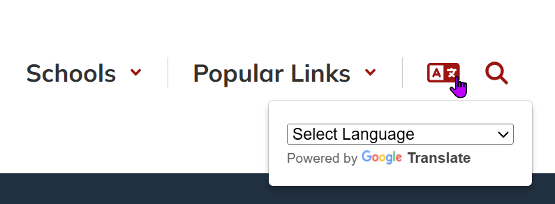 purple pointer hovering over the language translation icon